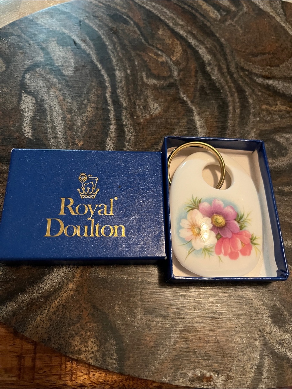 Royal Doulton Blue Box with Floral Porcelain Key Fob